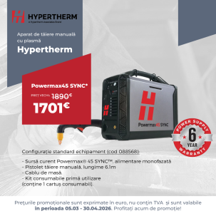 Aparat taiere cu plasma Hypertherm Powermax 45 SYNC™ 230V, fara PORT CPC, Pistolet taiere manuala, L=6.1m